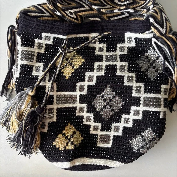 🥰3 for $30🥰Black Gold Crochet Geometric Patterned Boho Shoulder/Bucket/Hobo Bag - Picture 6 of 12